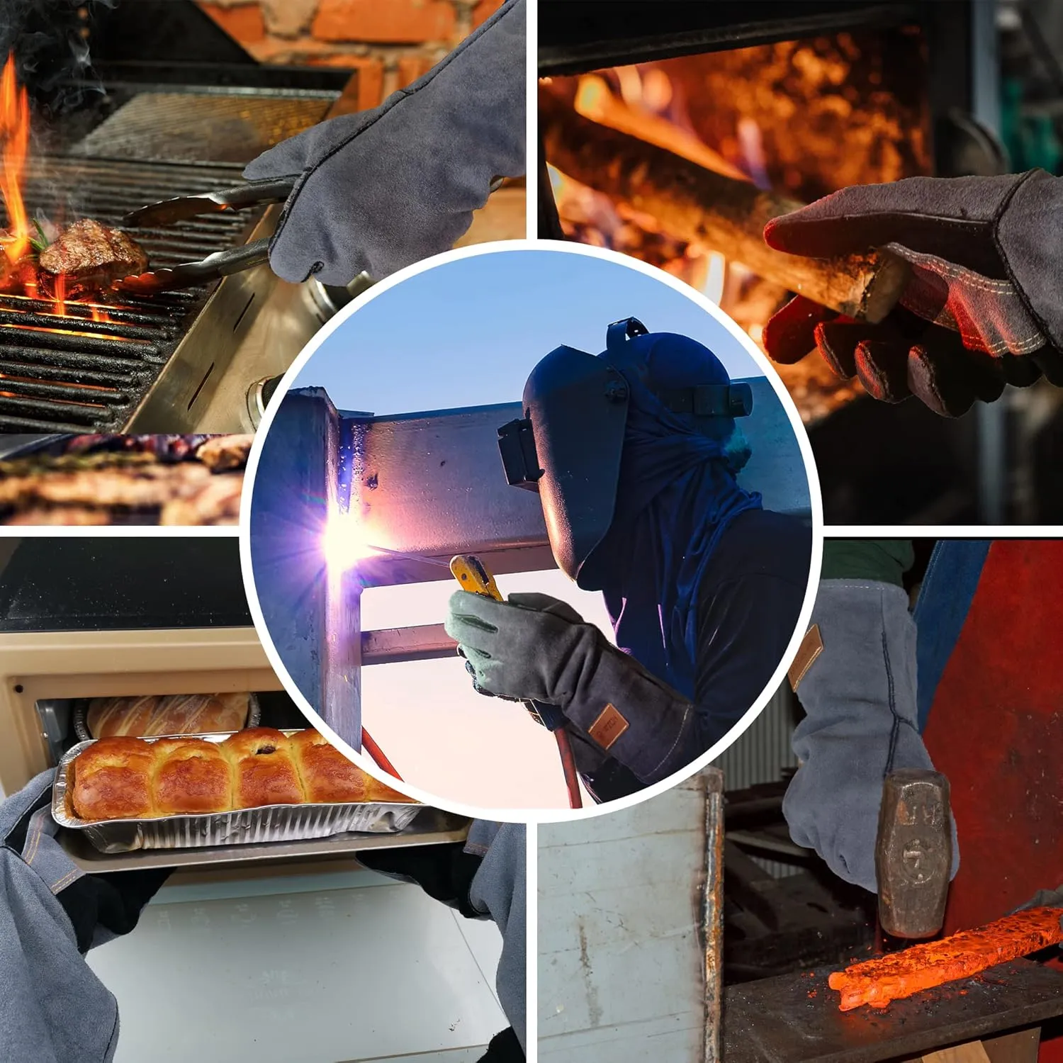 16 Inches,932,Leather Welding Gloves, Heat/Fire Resistant,Large Mitts for BBQ,Oven,Grill,Fireplace,Tig,Mig,Forge,Baking,Furnace,Stove,Pot Holder,Animal Handling Glove.L Black-gray