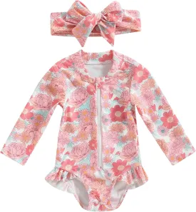 Baby Girls Long Sleeve One Piece Swimsuit Zipper Bathing Suit Toddler Infant Rash Guard Swimwear with Sun Hat Set