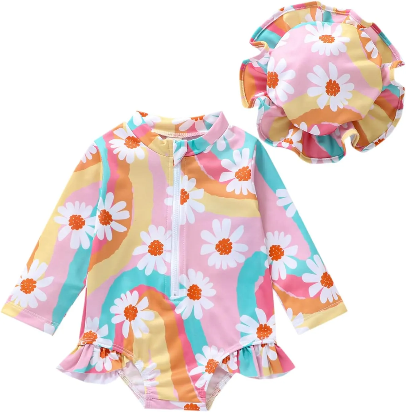 Baby Girls Long Sleeve One Piece Swimsuit Zipper Bathing Suit Toddler Infant Rash Guard Swimwear with Sun Hat Set