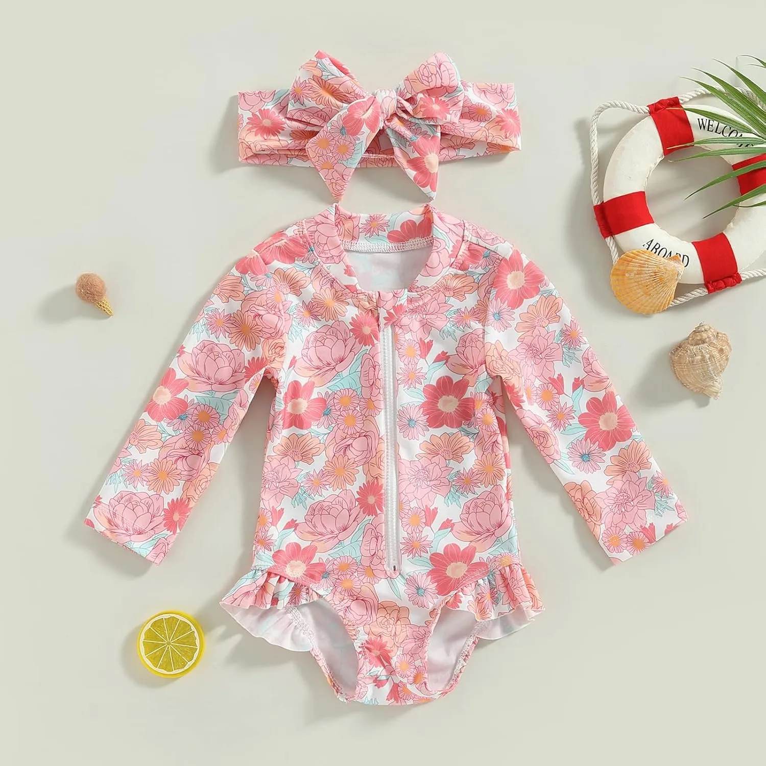 Baby Girls Long Sleeve One Piece Swimsuit Zipper Bathing Suit Toddler Infant Rash Guard Swimwear with Sun Hat Set