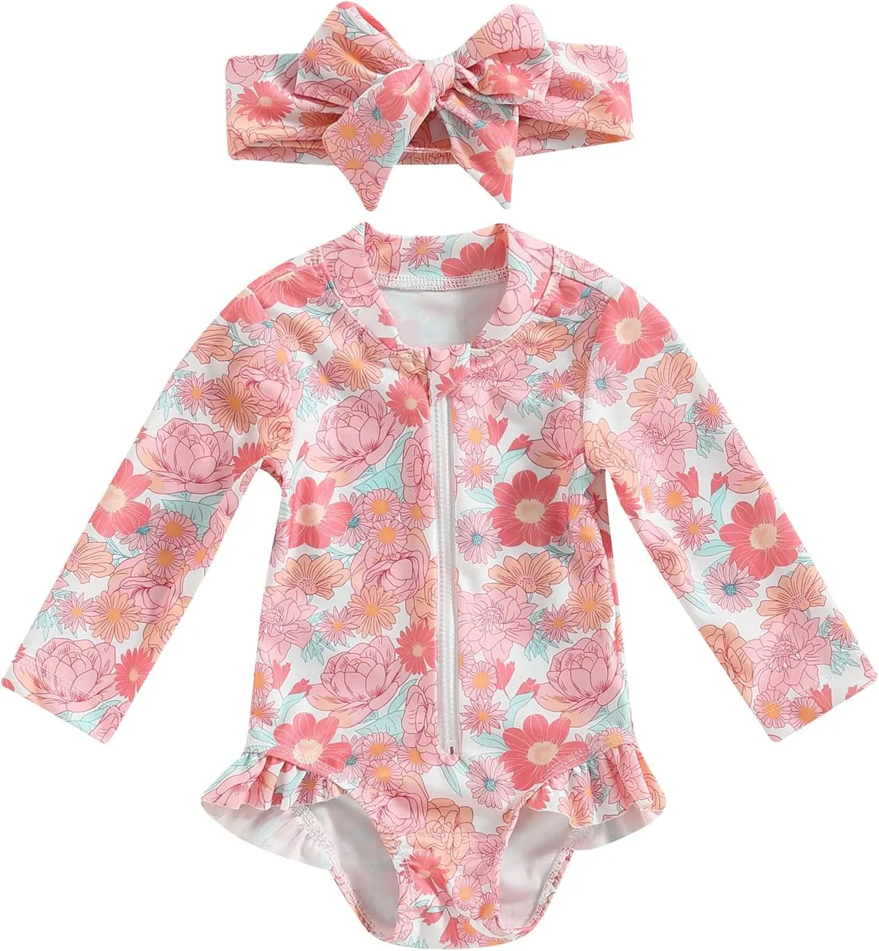 Baby Girls Long Sleeve One Piece Swimsuit Zipper Bathing Suit Toddler Infant Rash Guard Swimwear with Sun Hat Set