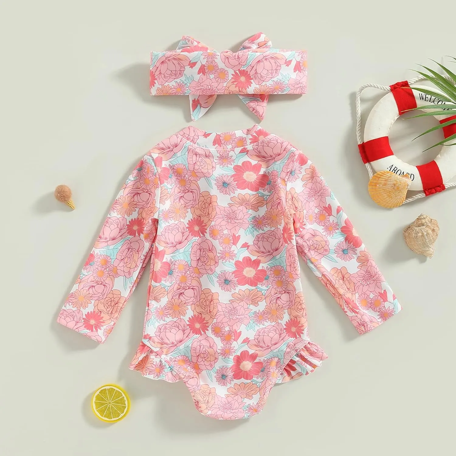 Baby Girls Long Sleeve One Piece Swimsuit Zipper Bathing Suit Toddler Infant Rash Guard Swimwear with Sun Hat Set
