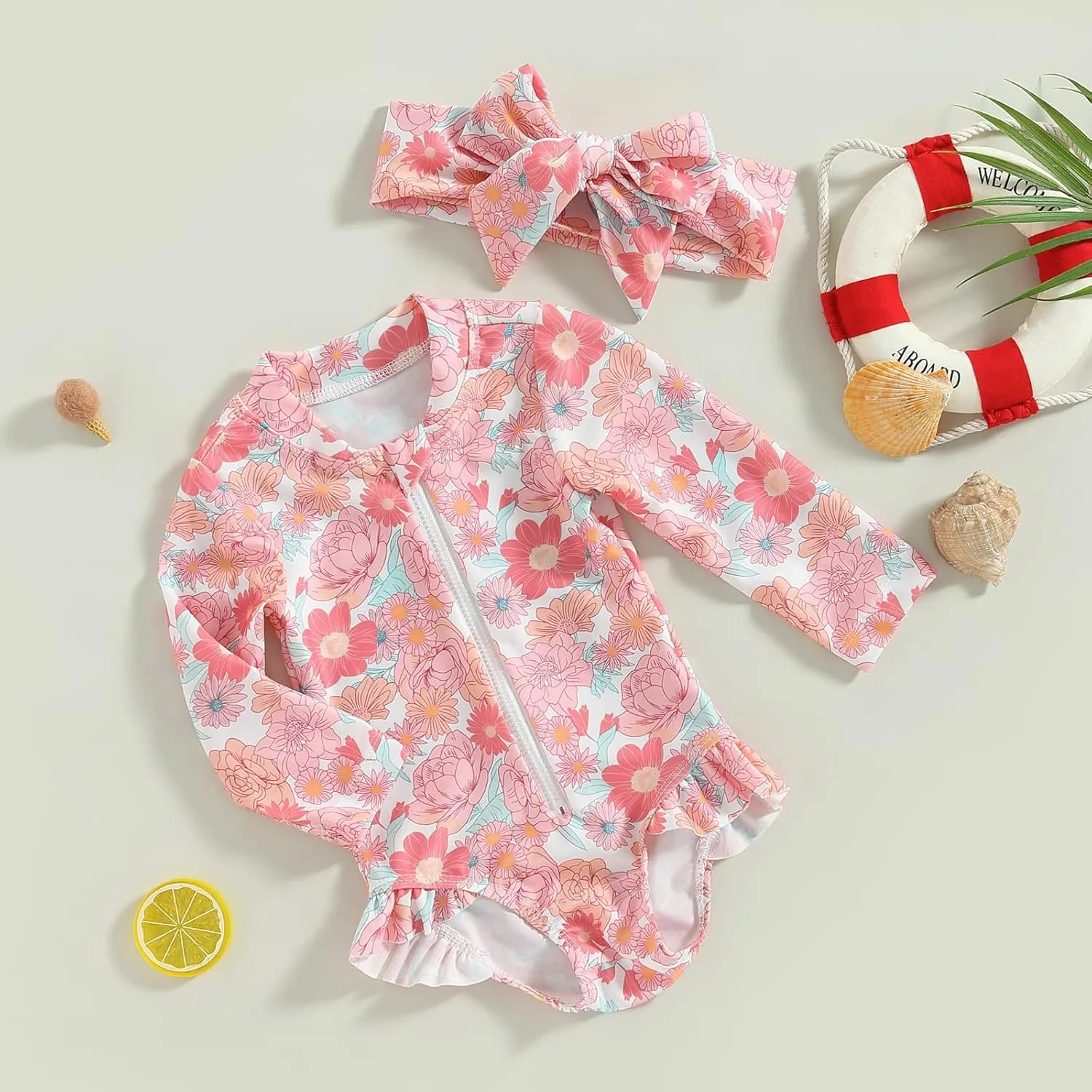 Baby Girls Long Sleeve One Piece Swimsuit Zipper Bathing Suit Toddler Infant Rash Guard Swimwear with Sun Hat Set
