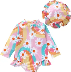 Baby Girls Long Sleeve One Piece Swimsuit Zipper Bathing Suit Toddler Infant Rash Guard Swimwear with Sun Hat Set