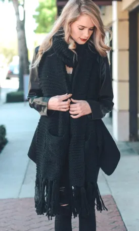 Chunky Black Boho 2-Pocket Sweater Knit Fringe Tassel Long Scarf
