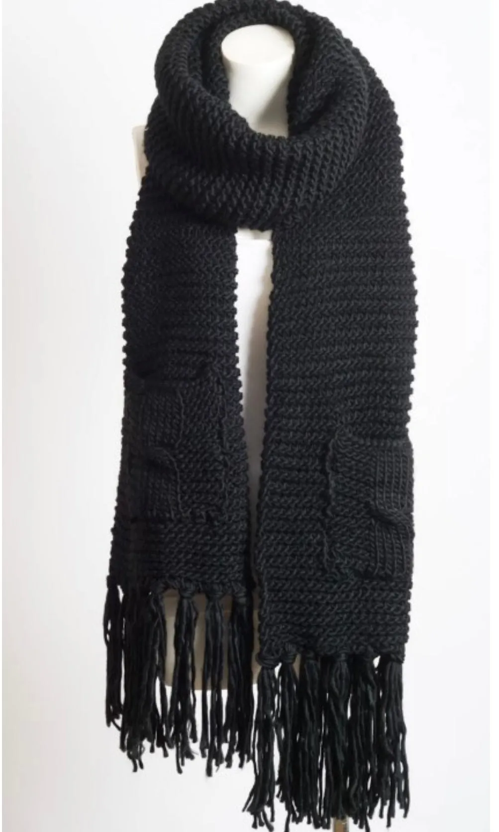 Chunky Black Boho 2-Pocket Sweater Knit Fringe Tassel Long Scarf