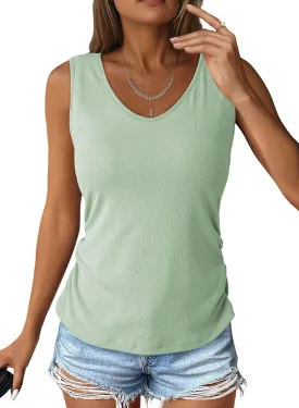 Dokotoo Tank Top with Built in Bra for Women Casual Summer Sleeveless Tops Slim Fitted V Neck Ruched Cami Shirts