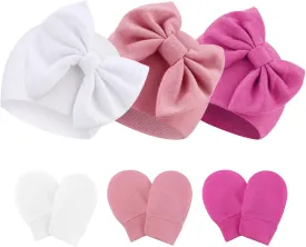 Newborn Baby Hats and Mittens Set Infant Bow Beanie Cap Toddler Gloves Newborn Hospital Hats for Baby Boy Girl 0-12 Months