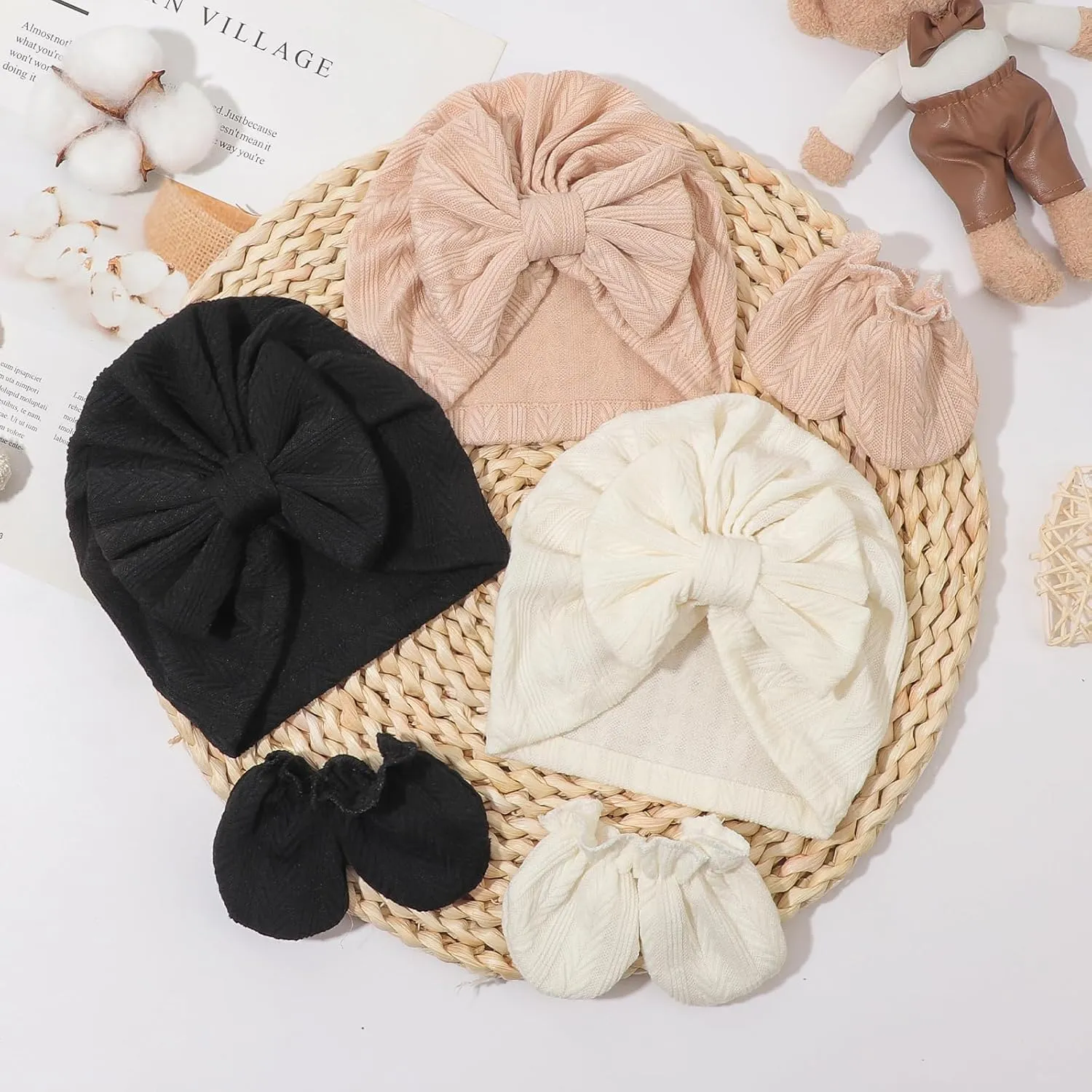 Newborn Baby Hats and Mittens Set Infant Bow Beanie Cap Toddler Gloves Newborn Hospital Hats for Baby Boy Girl 0-12 Months