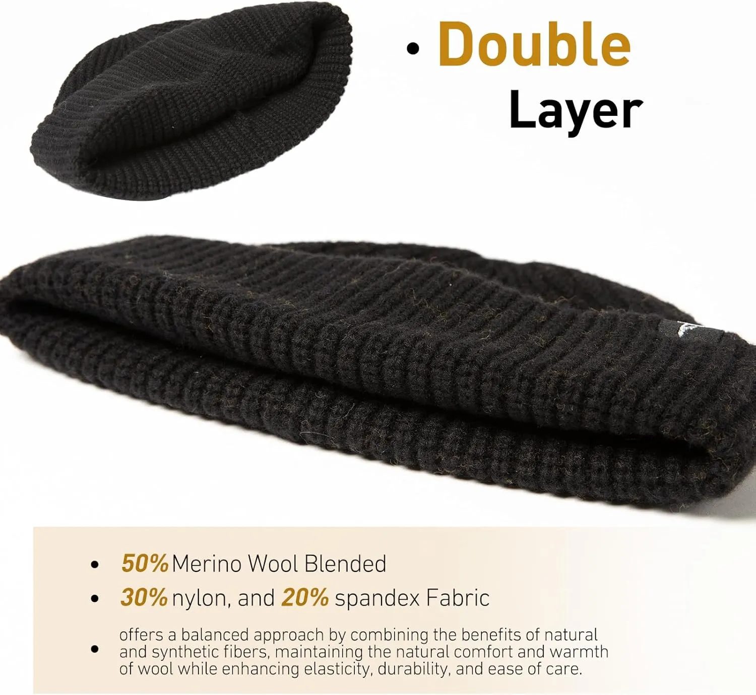 Oversize L/XL/XXL Merino Wool Blend Short Fisheman Beanie Lightweight Warm Hat for Cold Weather Winter