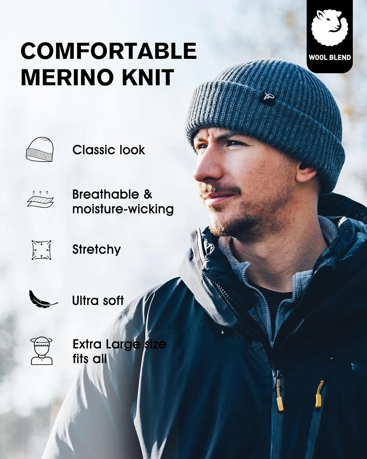 Oversize L/XL/XXL Merino Wool Blend Short Fisheman Beanie Lightweight Warm Hat for Cold Weather Winter