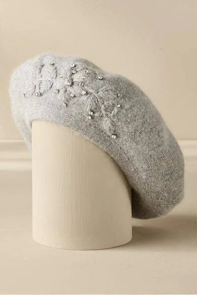 Pearl Embellished Beret: Grey