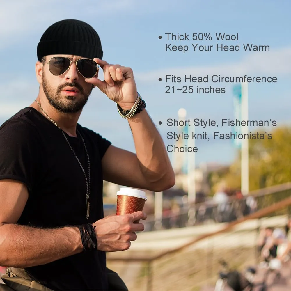 Wool Fisherman Beanie Hat Short Knit Cuff Beanies for Men Women